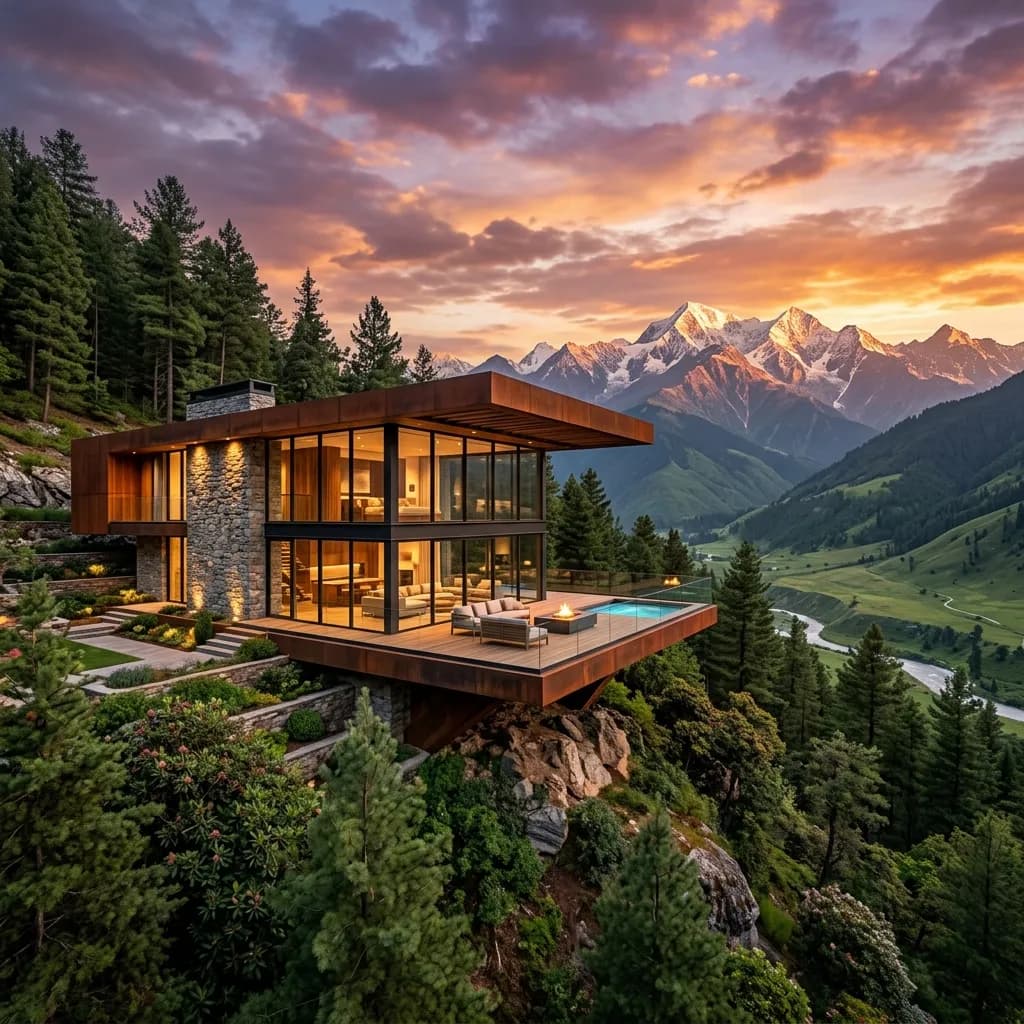 Modern corten steel architecture in natural landscape